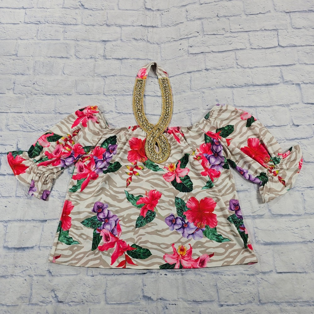 Boston Proper Halter Top Womens Size M Multicolor Floral Beaded Tropical Resort
